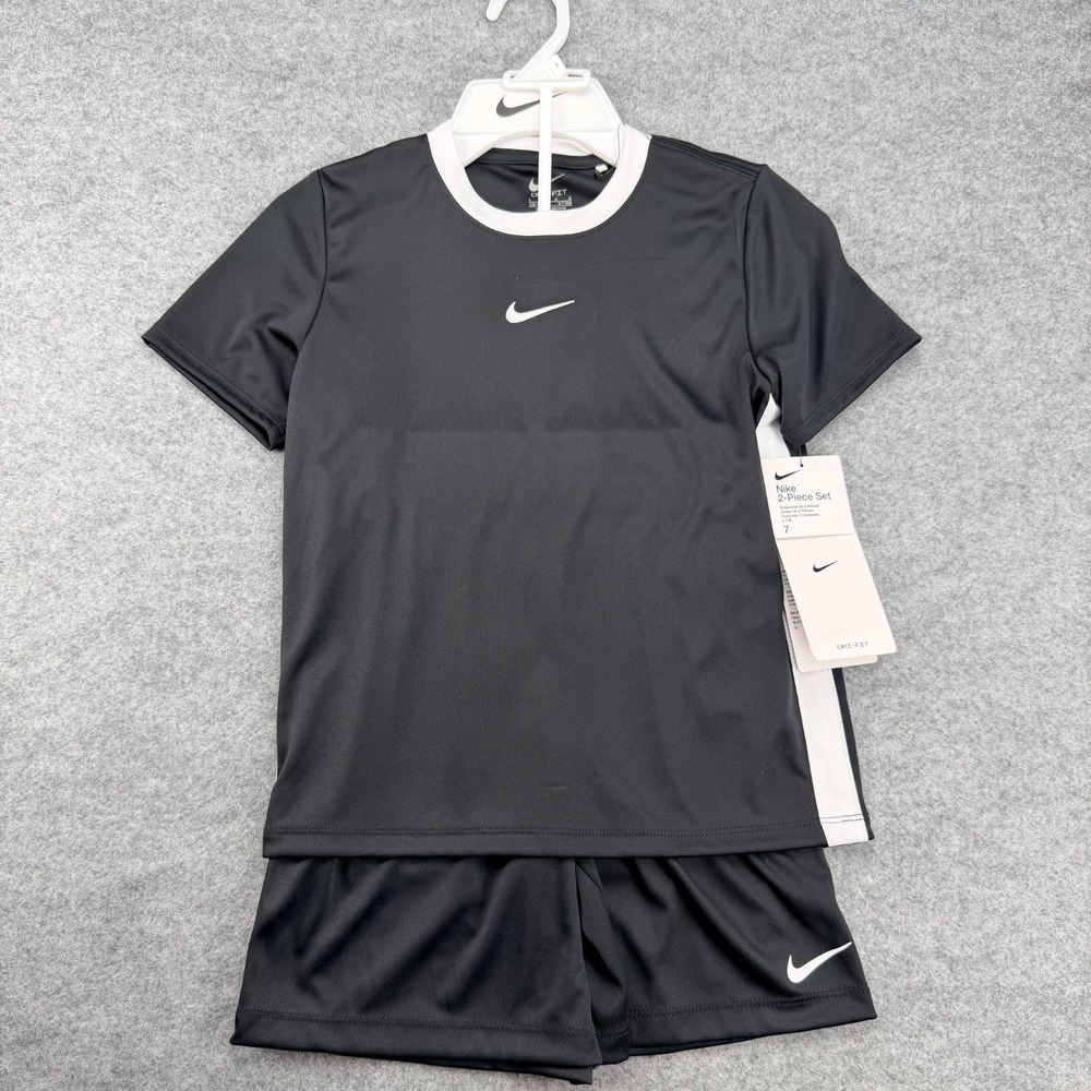 Nike Dri-FIT Boys Size 7 Black White T-Shirt Shorts 2 Piece Athletic Set NWT